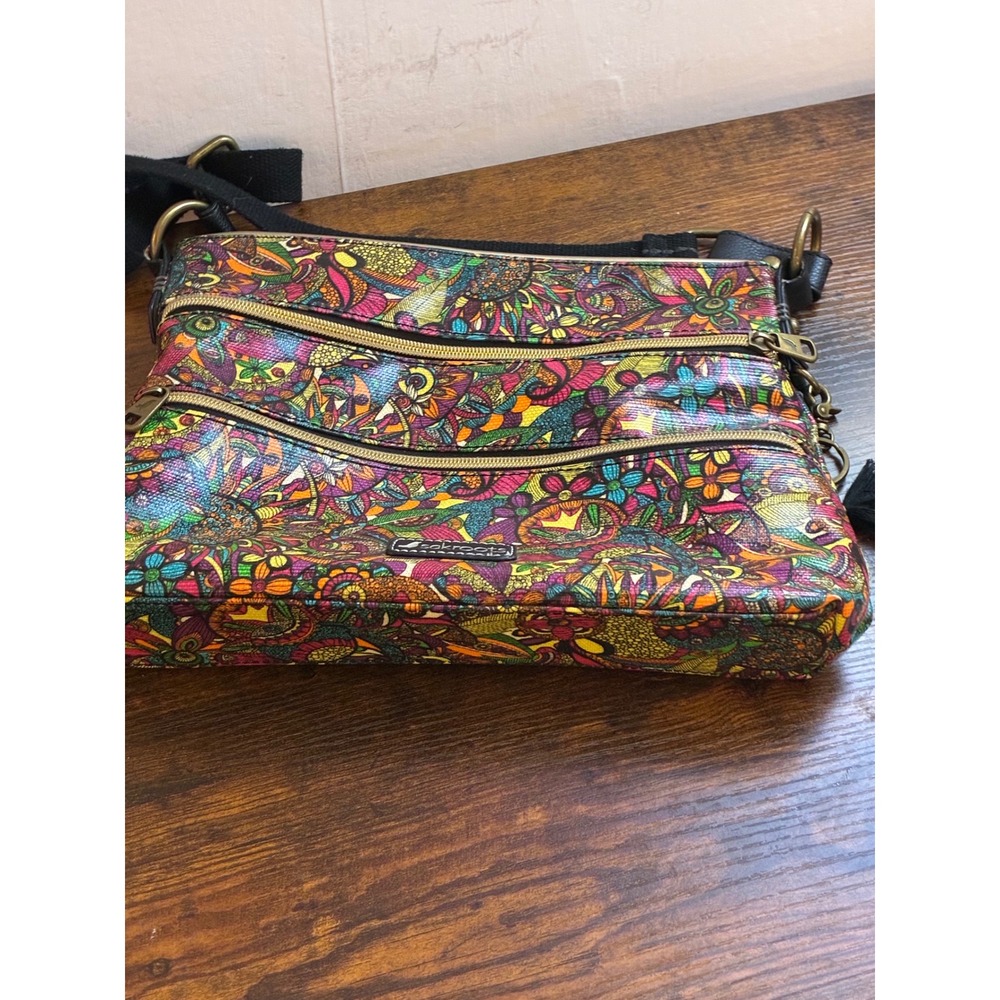 Sakroots Crossbody Bag Multi Color Psychedelic Floral Coated Canvas Owl Charm